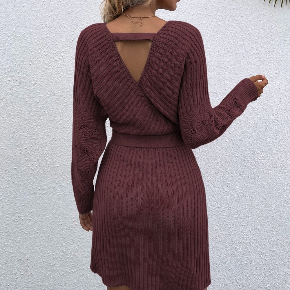 Cozy Burgundy Cut out Back Belted Sweater Dress Minimalist - Picture 10 of 15